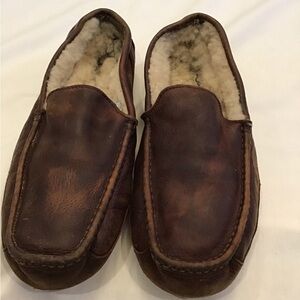 UGG ASCOT 5379 MENS BROWN LEATHER FUR LINED SLIPPER SHOES SIZE 13